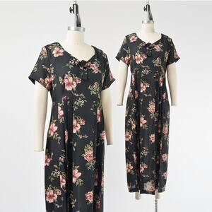 Vintage 90s Black Floral Cottagecore Empire Waist Pleated Maxi Dress M